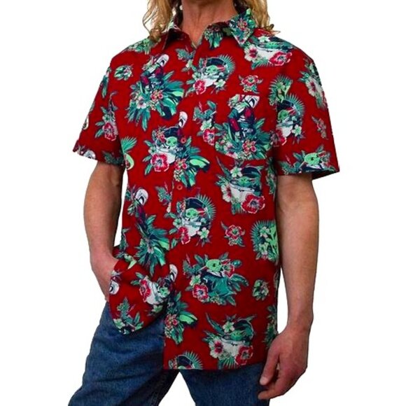 Men's Star Wars The Mandalorian Grogu Woven Button-Up Fun Soft Comfy Shirt